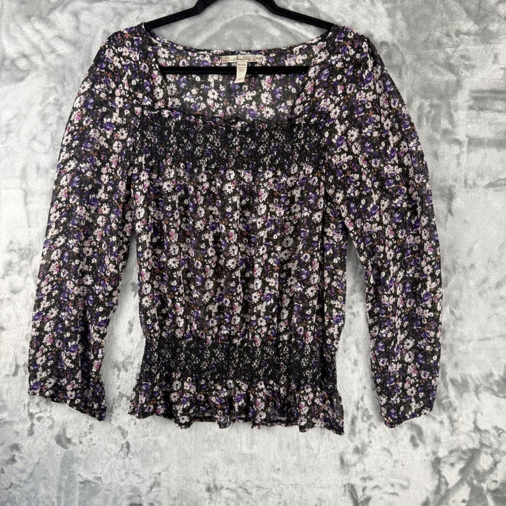 American Rag Floral Smocked Blouse Purple White Chiffon Square Neck BOHO Large